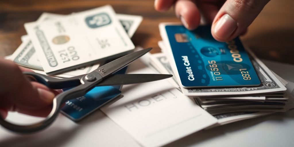 Hand cutting credit cards to eliminate debt.