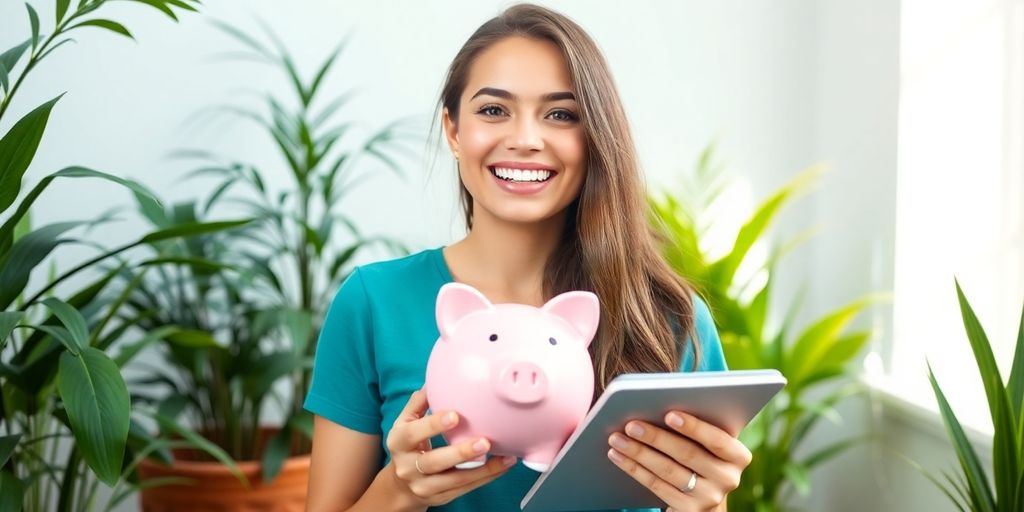 Person with piggy bank and notebook, smiling in sunlight.