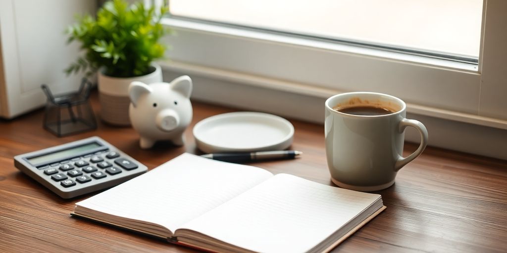 Workspace with calculator, notepad, coffee, and piggy bank.