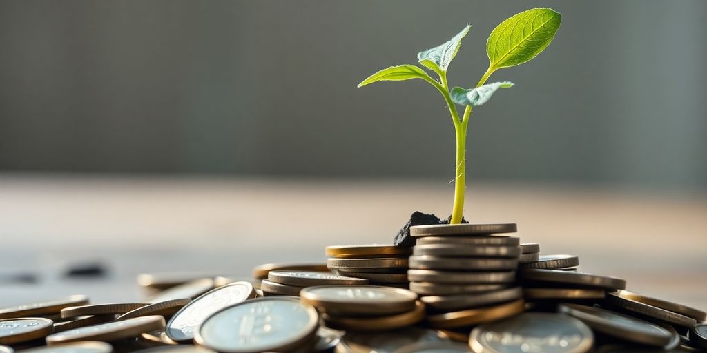 Plant growing from coins illustrating compound interest.