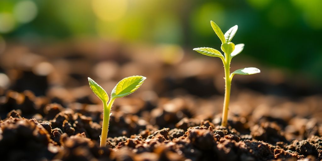 Sprouting seedling in soil with sunlight filtering through leaves.