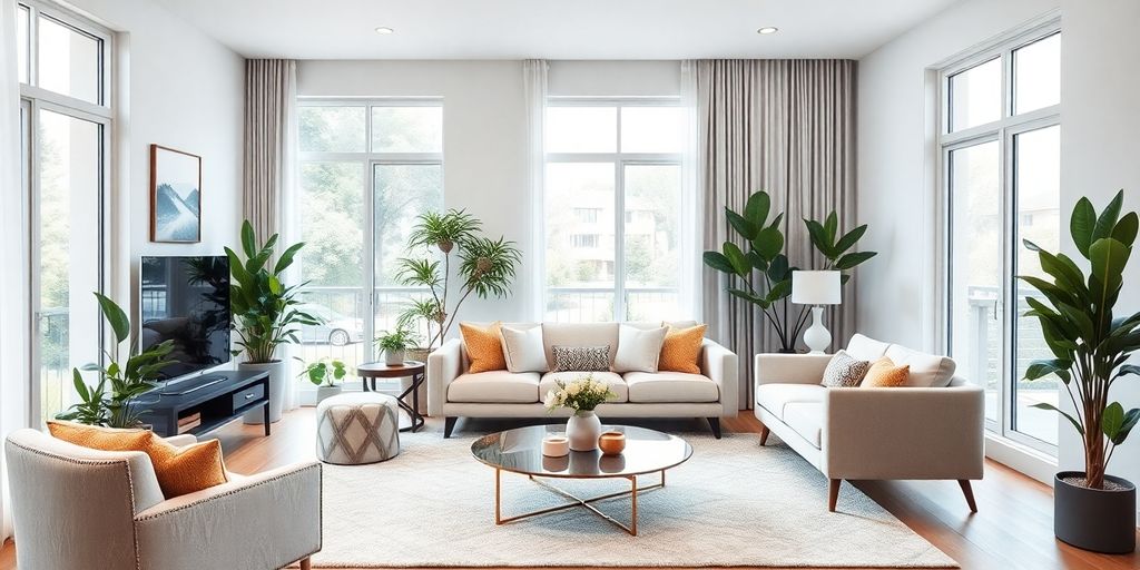 Modern living room with natural light and indoor plants.